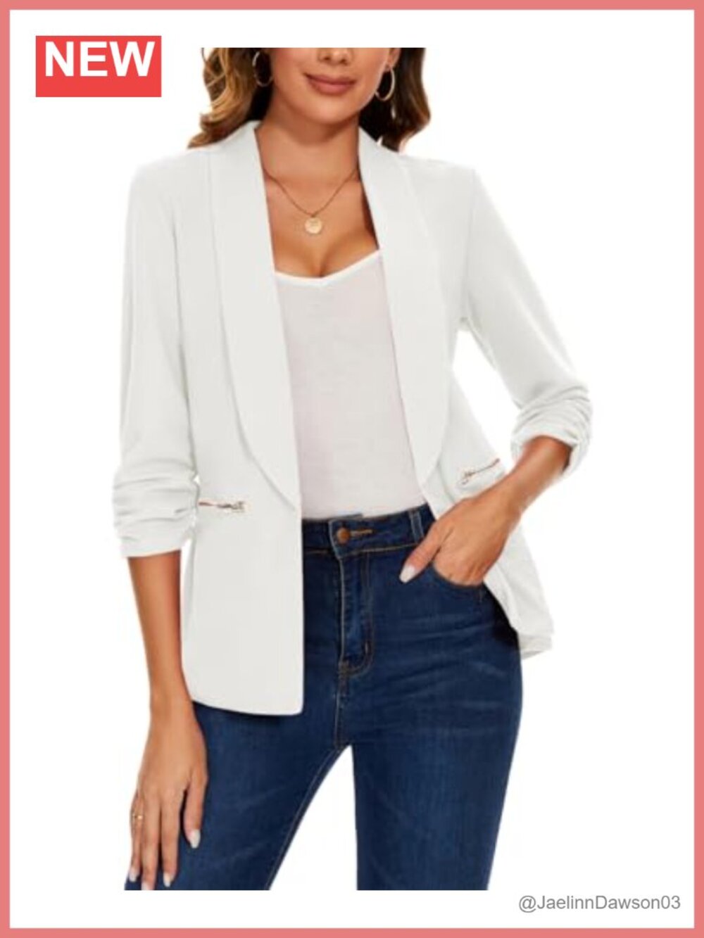 Women's Open Front Blazer 3/4 Sleeve Shawl Collar Zipper Pockets Work Suit